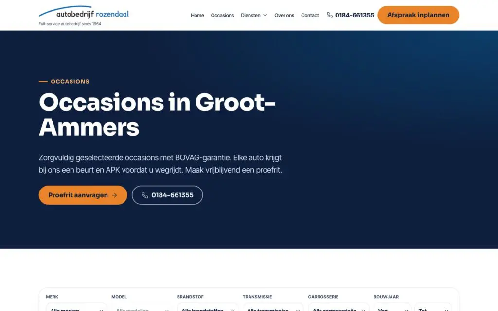 Website Autobedrijf Rozendaal, gebouwd door BlueCT